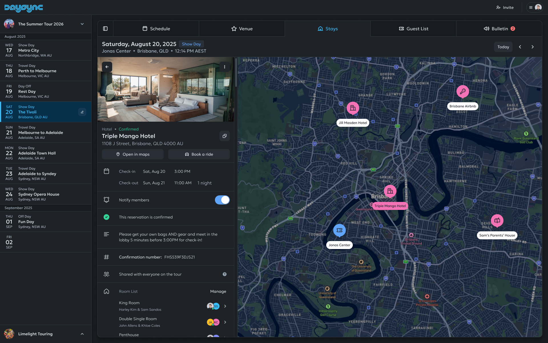 The 'Stays' accommodation screen on the DaySync tour management web app, showing details for the 'Triple Mango Hotel' alongside an interactive map of Brisbane with the hotel and venue pinned.