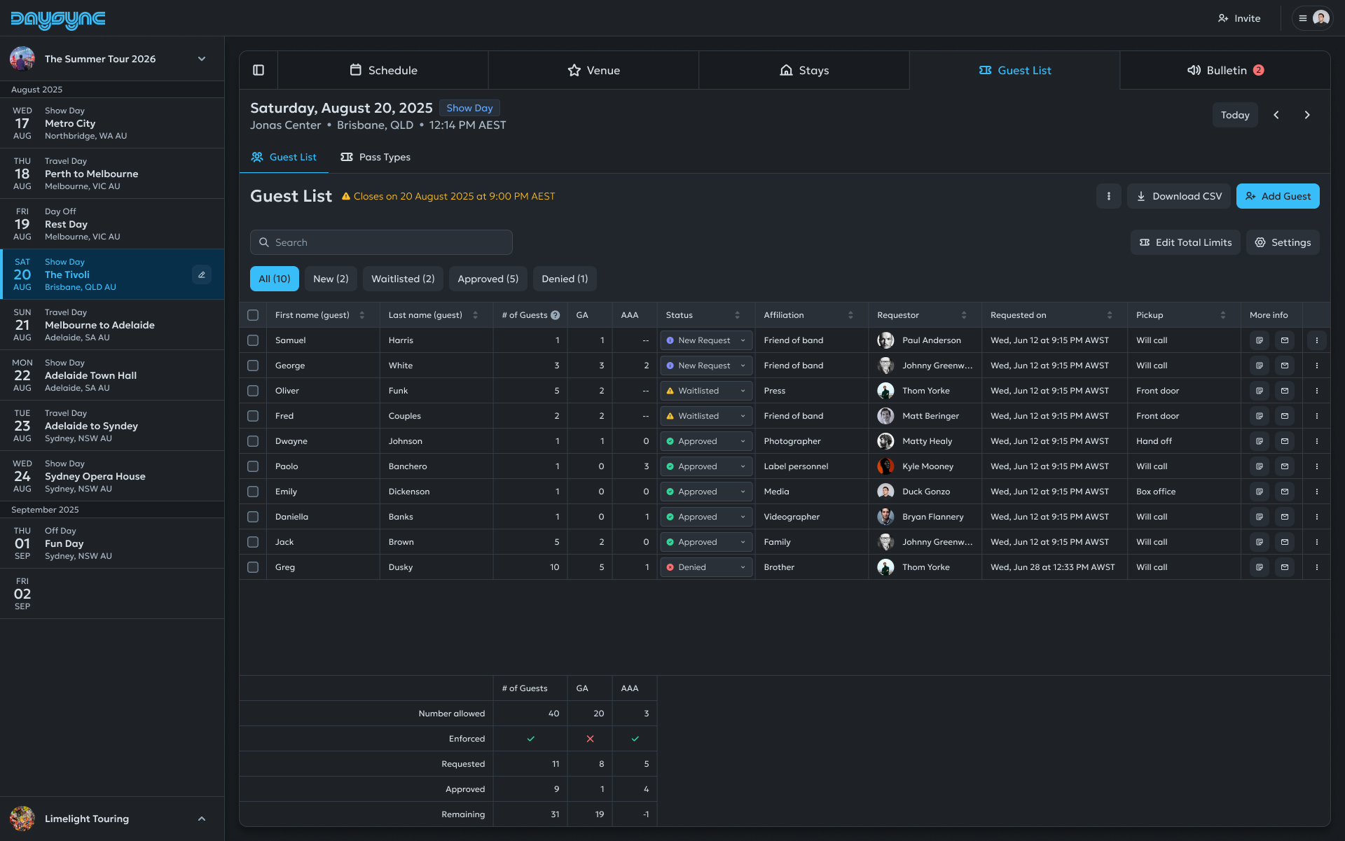 The 'Guest List' management dashboard in the DaySync tour management app, showing a detailed table of guest requests with their 'Approved', 'Denied', or 'Waitlisted' status, pass types, and options to add guests or download a CSV.