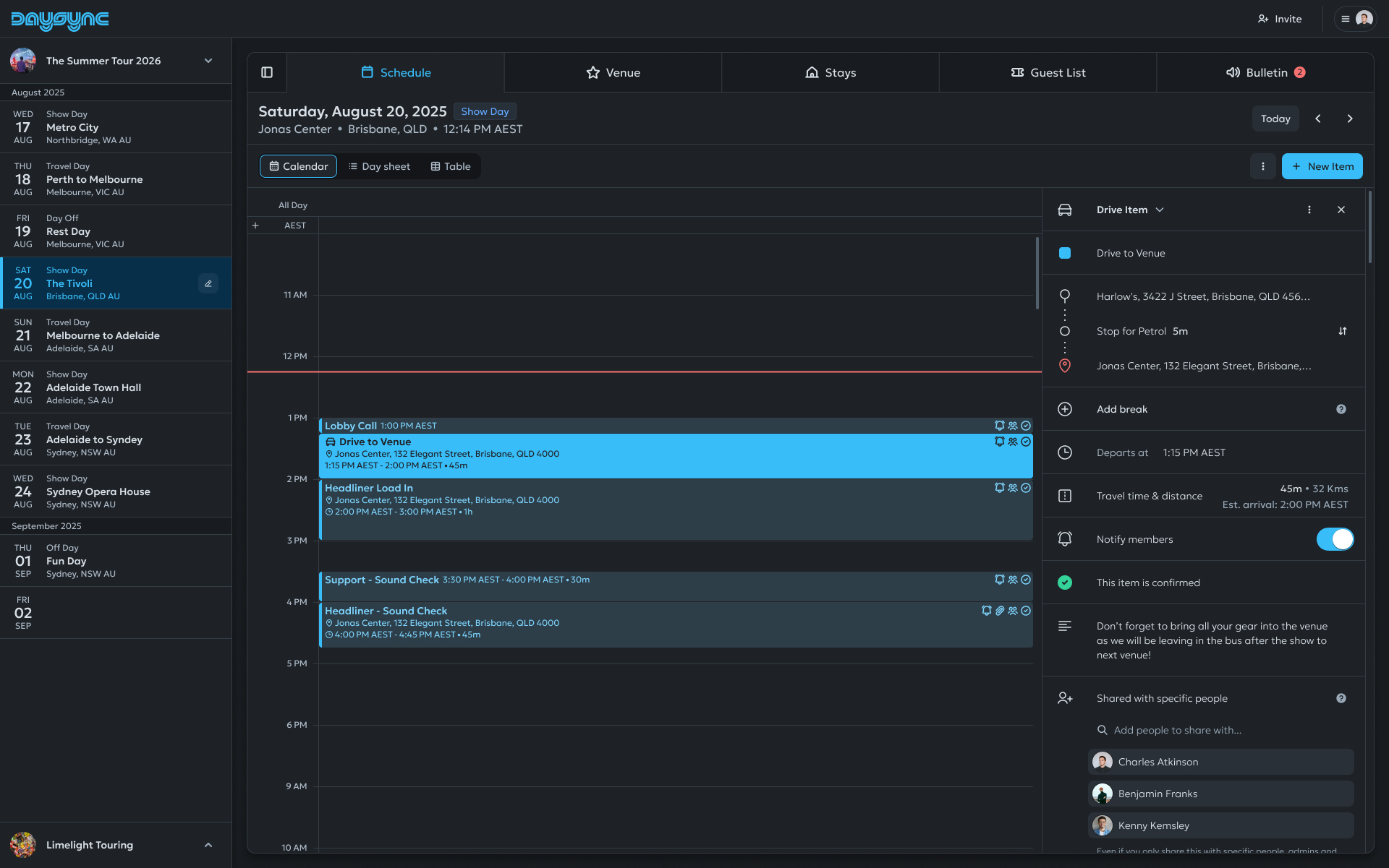 The DaySync tour management web app, showing the detailed 'Day sheet' schedule view for a show day, with a timeline of events like 'Lobby Call' and 'Headliner Load In', and a sidebar open to edit a 'Drive Item' with a map.