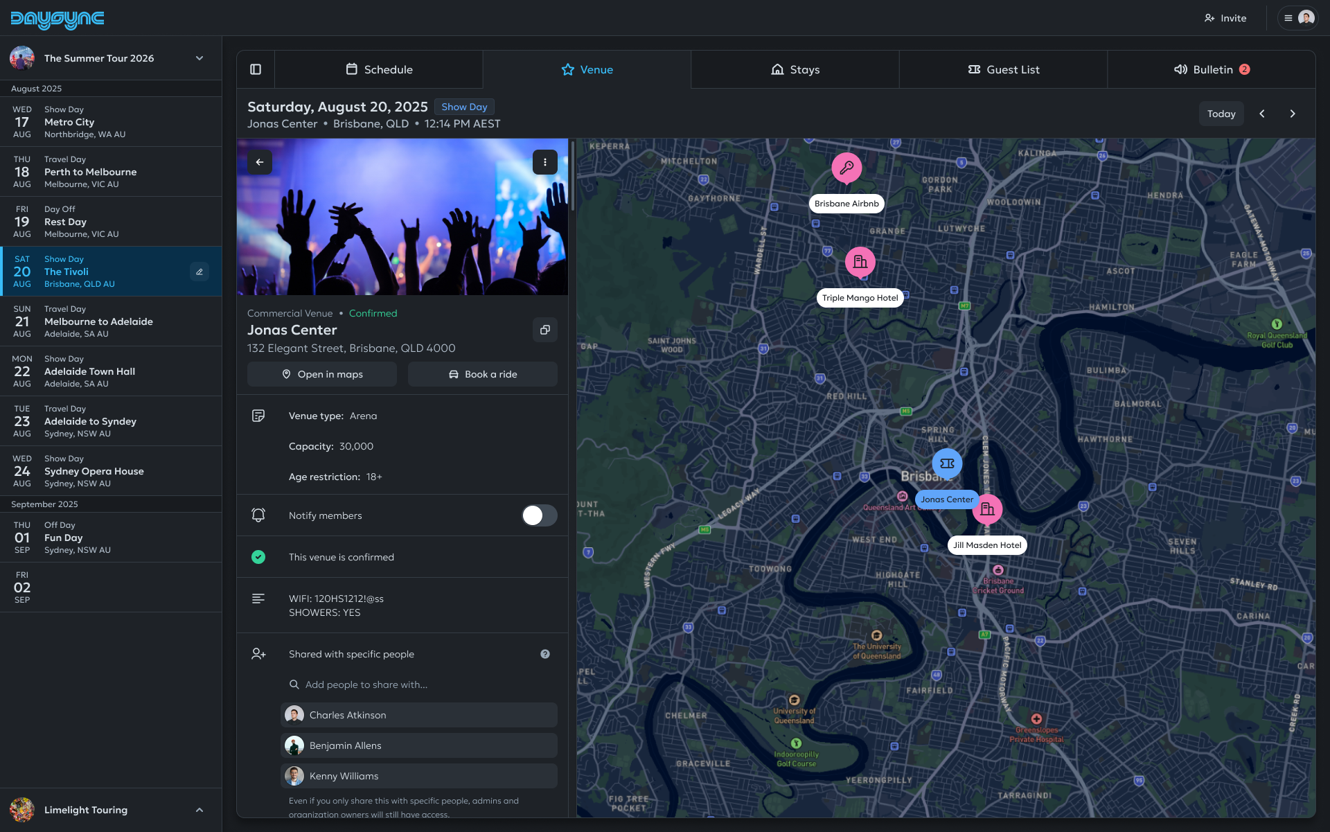 The 'Venue' details screen on the DaySync tour management web app, showing information for the 'Jonas Center' alongside an interactive map of Brisbane with the venue and nearby hotels pinned.