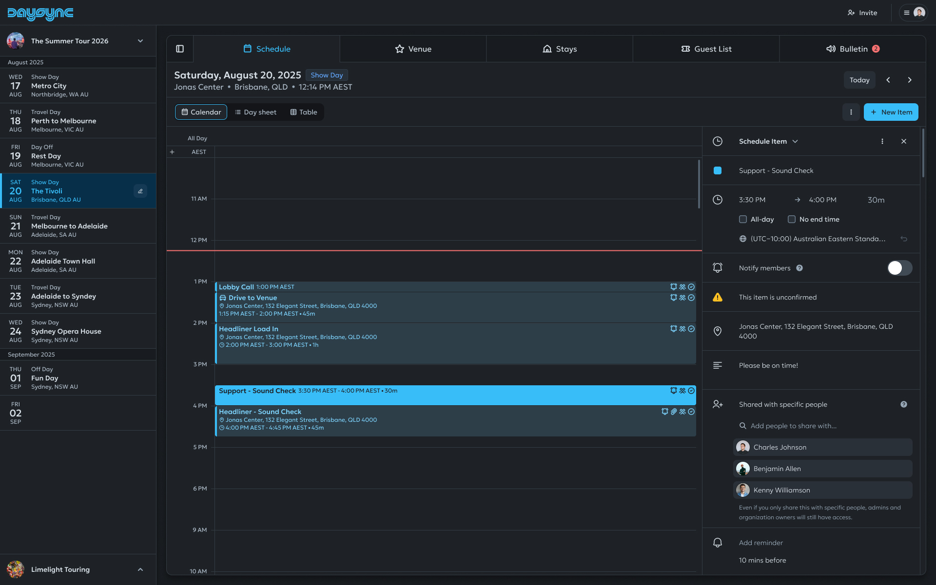 The main schedule dashboard of the DaySync tour management app, showing a detailed tour itinerary with call times, travel, and show days.
