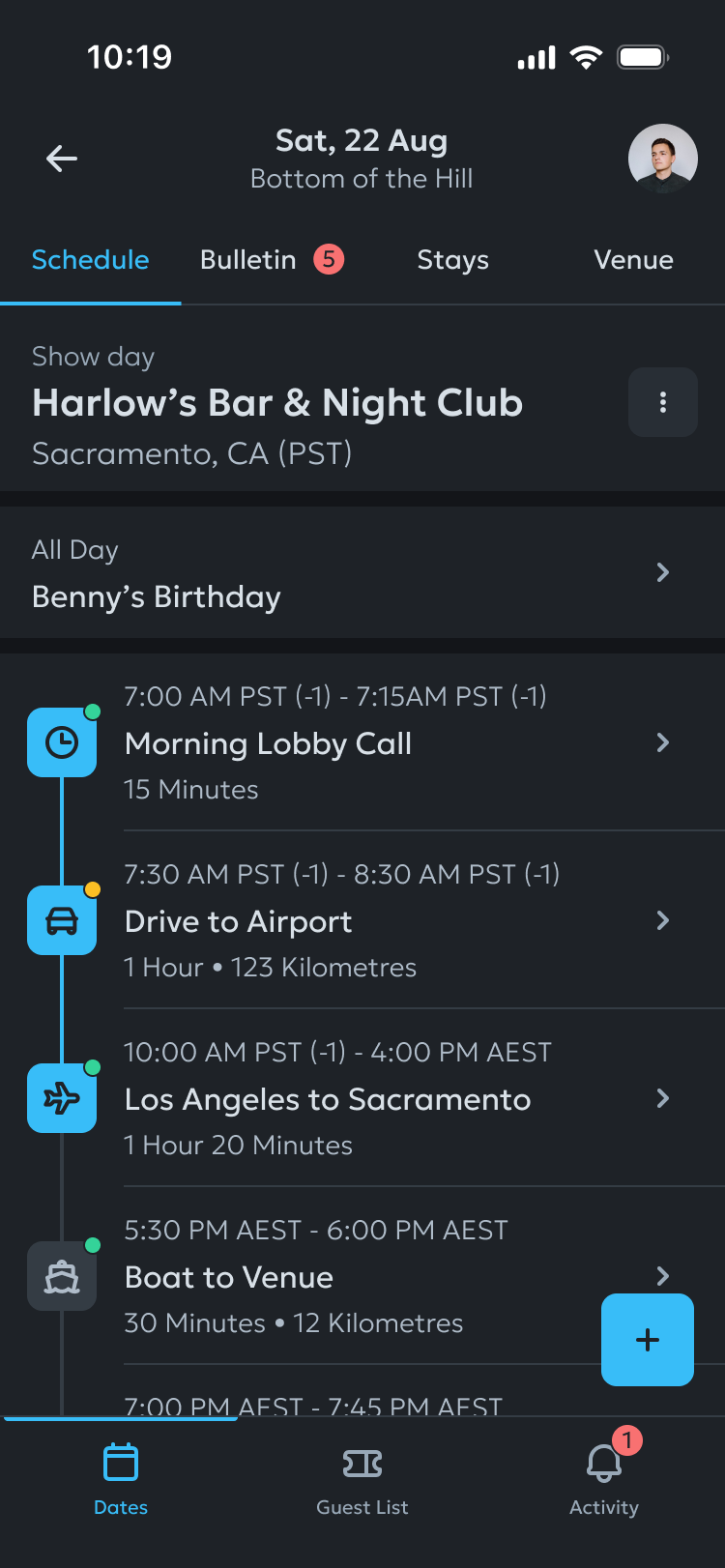 The tour schedule day view on the DaySync mobile app, showing a list of events for August 22nd, including 'Harlow's Bar & Night Club' and 'Morning Lobby Call'.